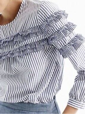 J. Crew Navy and White Striped Ruffle Top